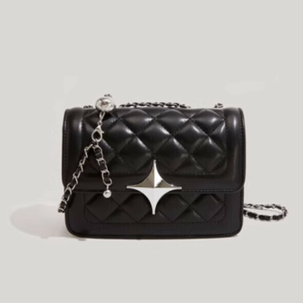 New pu leather rhombus chain shoulder crossbody small square bag (black)