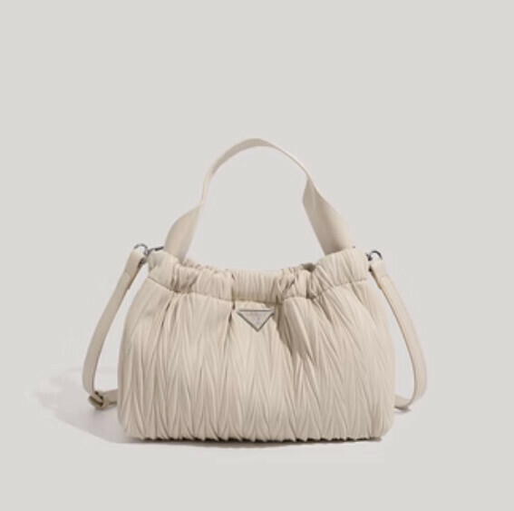 New pu leather pleated portable bucket crossbody bag (off-white)