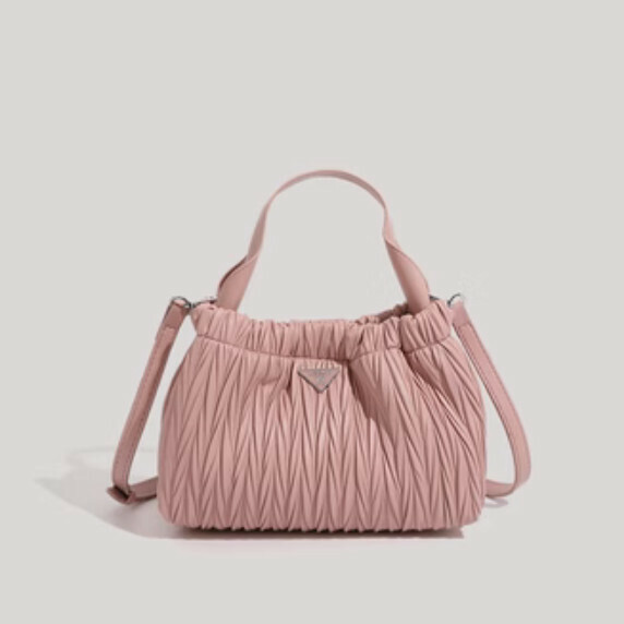 New pu leather pleated portable bucket crossbody bag (pink)