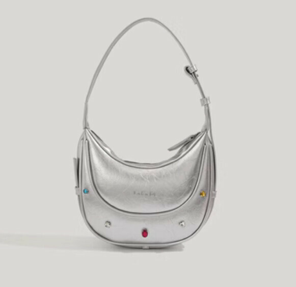 New gem-embellished portable shoulder pu leather crossbody bag (silver)