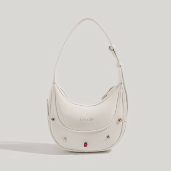 New gem-embellished portable shoulder pu leather crossbody bag (white)