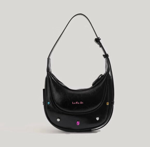 New gem-embellished portable shoulder pu leather crossbody bag (black)