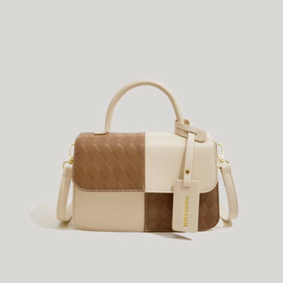New pu leather contrasting color portable crossbody bag (brown)