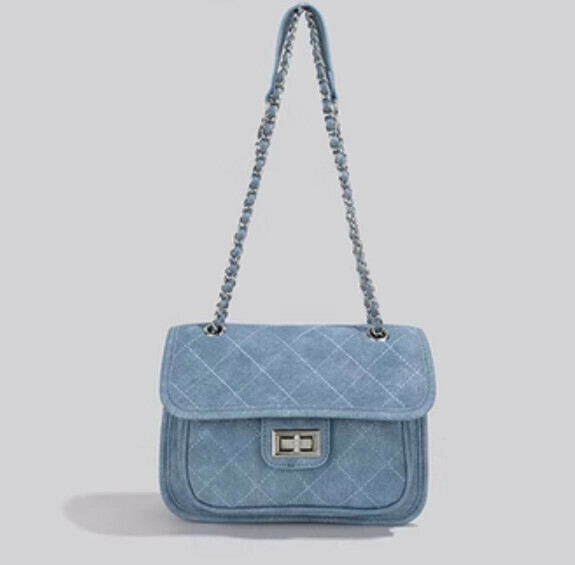 New chain denim crossbody small square bag (dark blue)