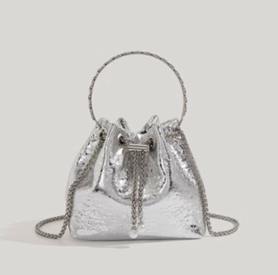 New Sequined Bucket Chain Crossbody Bag (Silver - With Handle)