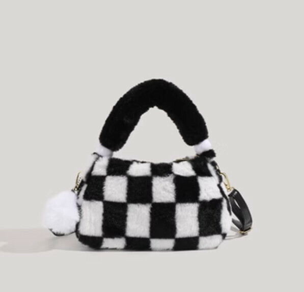 New lambswool portable shoulder crossbody bag (black and white check)