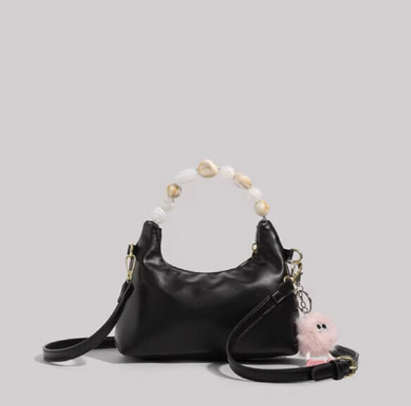 New pu leather versatile portable bucket bag crossbody bag (black)