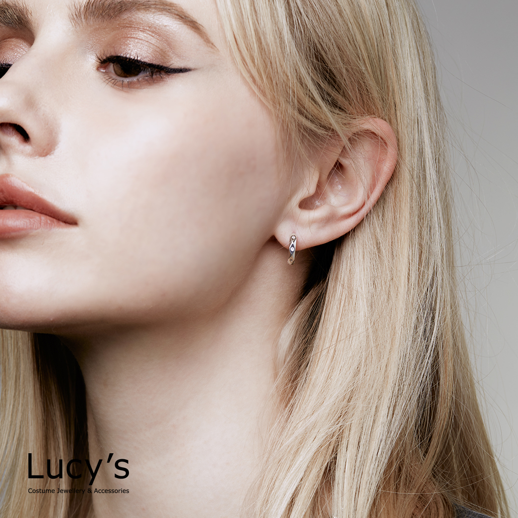 925純銀 菱格切面鑲鑽 易扣耳環 (77709)