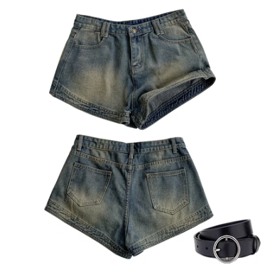 Hotly recommended retro denim shorts (shorts + belt) (size: XS/S/M/L/XL/2XL) (contact customer service after placing the order to confirm the delivery size)