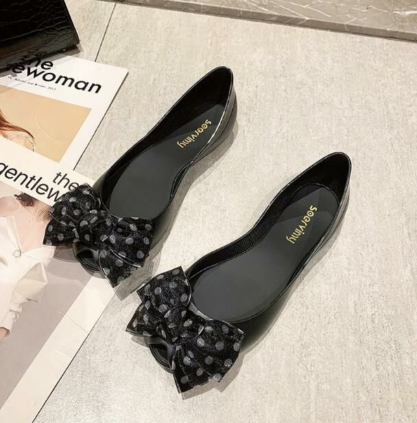 Hot Recommendation (black bottom with black flowers, size 35-41) jelly shoes, fish mouth shoes, flat shoes (contact customer service after placing the order to confirm the delivery size)