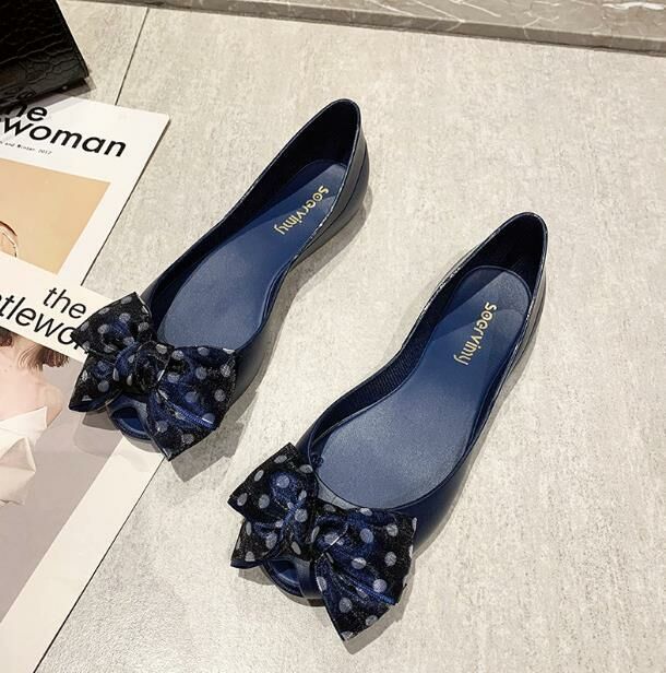Hot recommendation (blue bottom and blue flower, size 35-41) jelly shoes, fish mouth shoes, flat shoes (contact customer service after placing the order to confirm the delivery size)