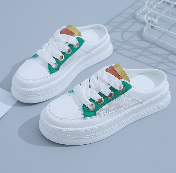 Hot push net flat toe half slippers (Q03 white and green) [35-40 sizes] [contact customer service after placing the order to confirm the delivery size]