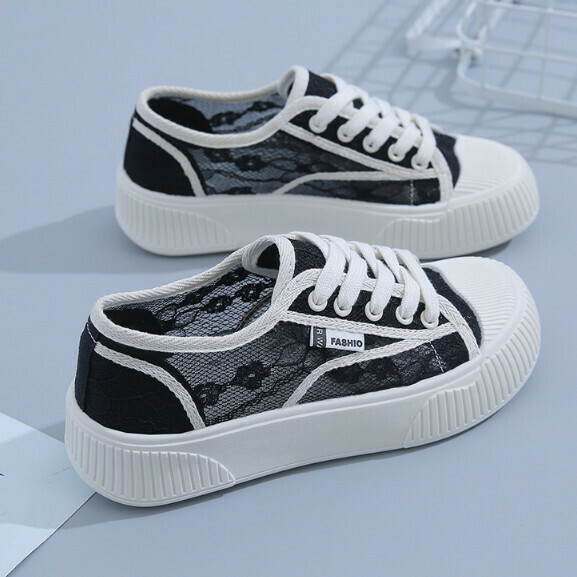 Popular lace thick-soled transparent mesh shoes (black) [size 35-40] [contact customer service after placing the order to confirm the delivery size]