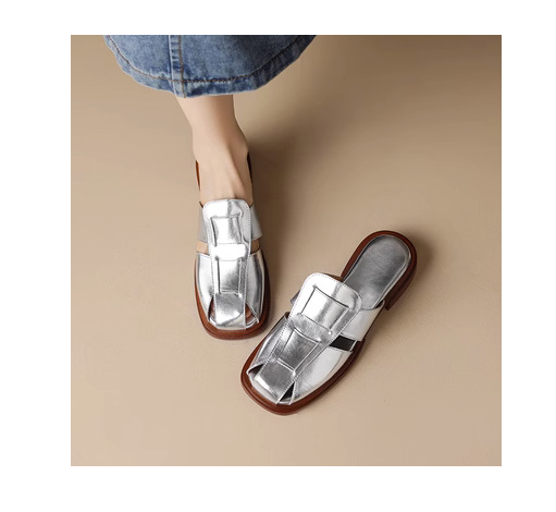 New French retro woven hollow sandals (silver size 35-40) (contact customer service after placing the order to confirm the delivery size)