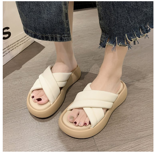 New cross-strap heightening flip-flops (off-white size 35-40) (contact customer service after placing an order to confirm delivery size)