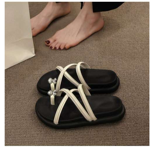 New rhinestone flip-flops (off-white, size 35-40) (contact customer service after placing order to confirm delivery size)