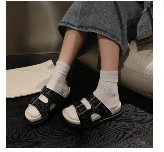 Hot Selling Camellia Small Fragrance Sandals (Black Size 35-40) (Contact customer service after placing the order to confirm the delivery size)