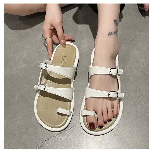 Hot selling open toe buckle slippers (off-white/size 35-40) (contact customer service after placing order to confirm delivery size)