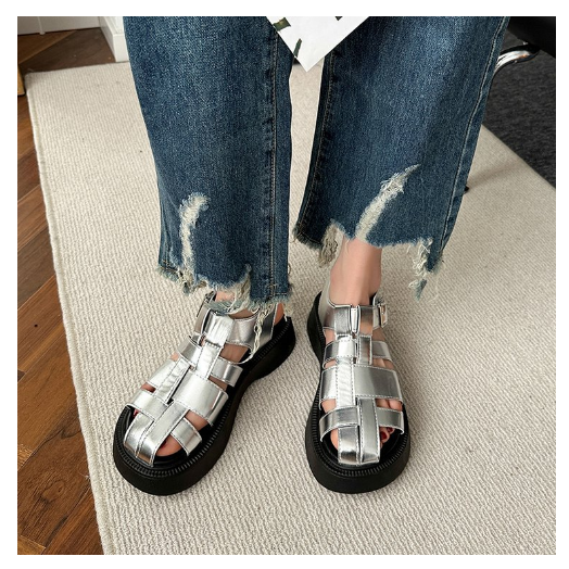 Hot selling one-line hollow woven sandals (silver/size 35-40) (contact customer service after placing the order to confirm the delivery size)