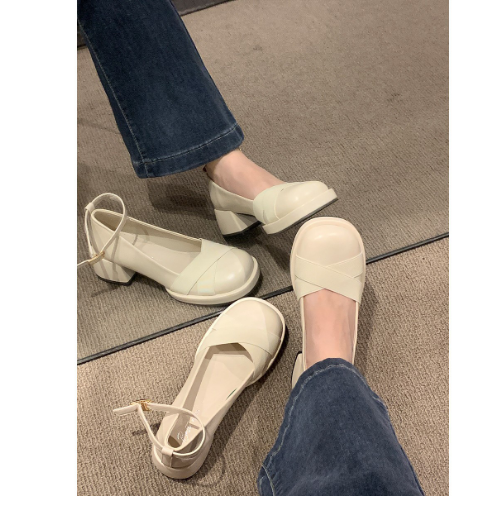 Hot selling thick heel round toe sandals (beige/size 35-39) (contact customer service after placing the order to confirm the delivery size)