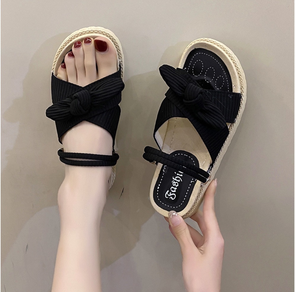 Hot selling sweet thick-soled Roman flat slippers (black - size: 35-40) (contact customer service after placing the order to confirm the delivery size)