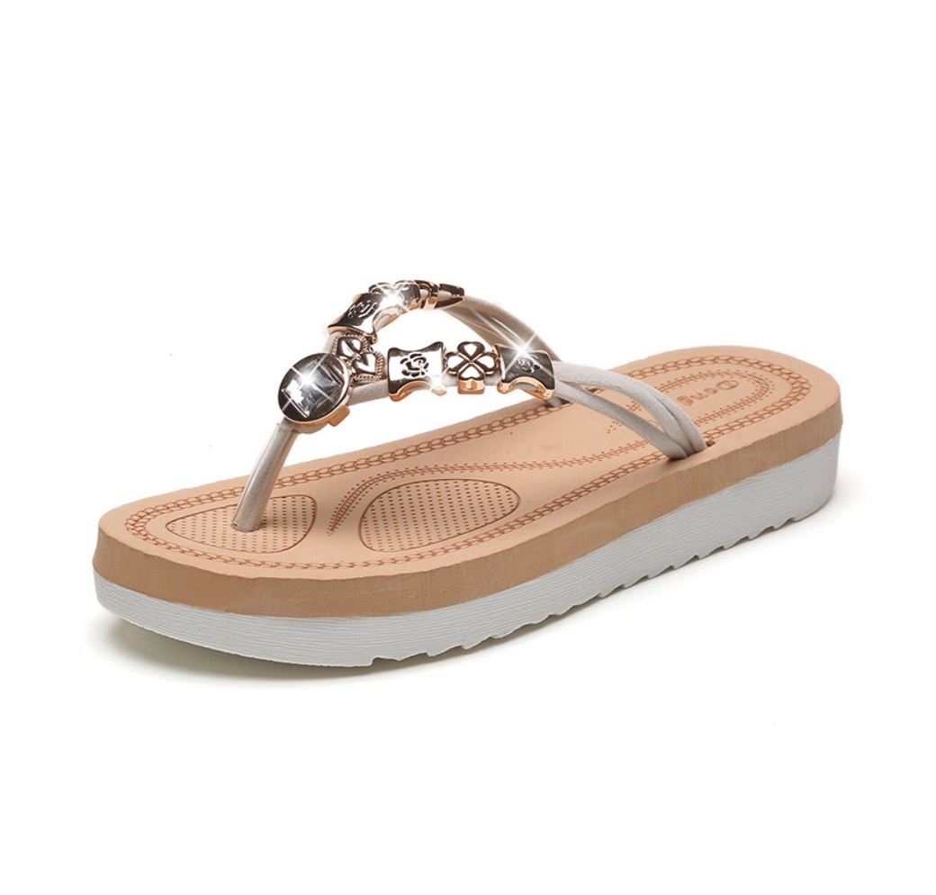 Hot selling beaded rhinestone flat open toe sandals (off-white - size: 35-40) (contact customer service after placing the order to confirm the delivery size)