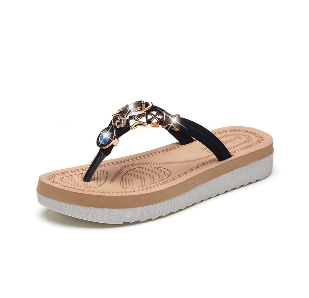 Hot selling beaded rhinestone flat open toe sandals (black - size: 35-40) (contact customer service after placing the order to confirm the delivery size)