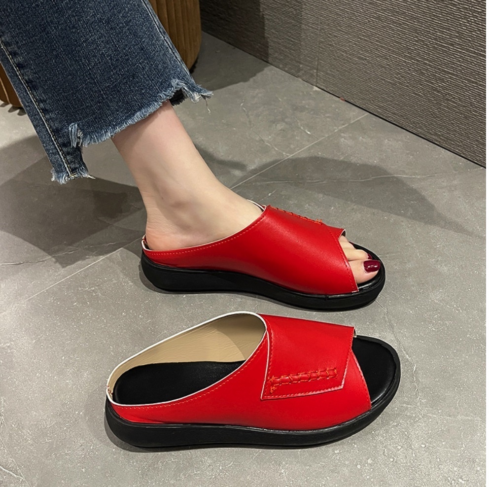 Hot selling soft leather thick-soled soft-soled slippers (red - size: 35-40) (contact customer service after placing the order to confirm the delivery size)