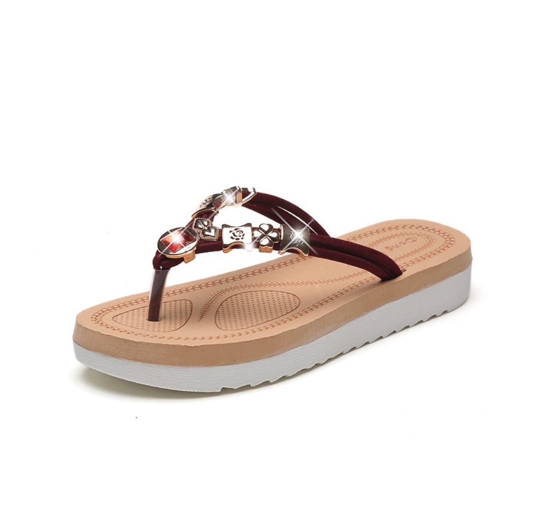 Hot selling beaded rhinestone flat open toe sandals (burgundy - size: 35-40) (contact customer service after placing the order to confirm the delivery size)