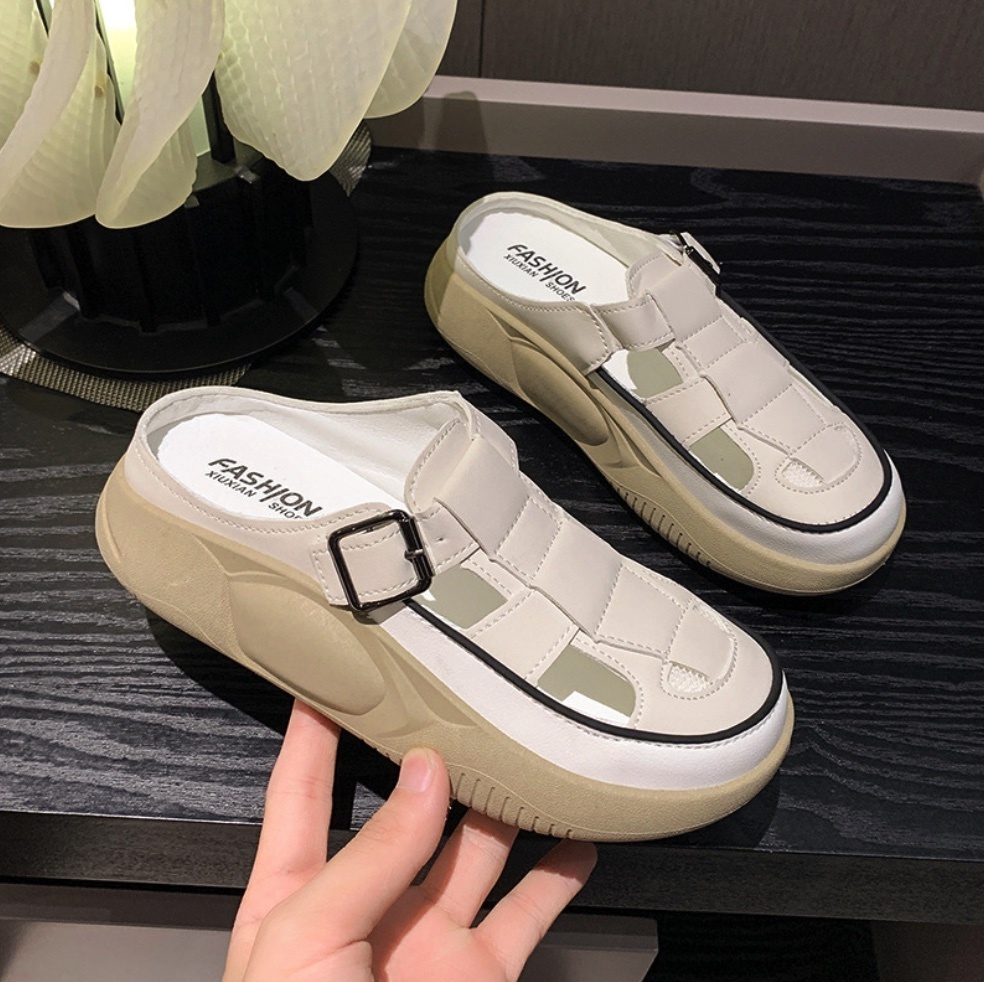 Hot selling soft leather thick-soled clogs for women (beige - size: 35-40) (contact customer service after placing the order to confirm the delivery size)