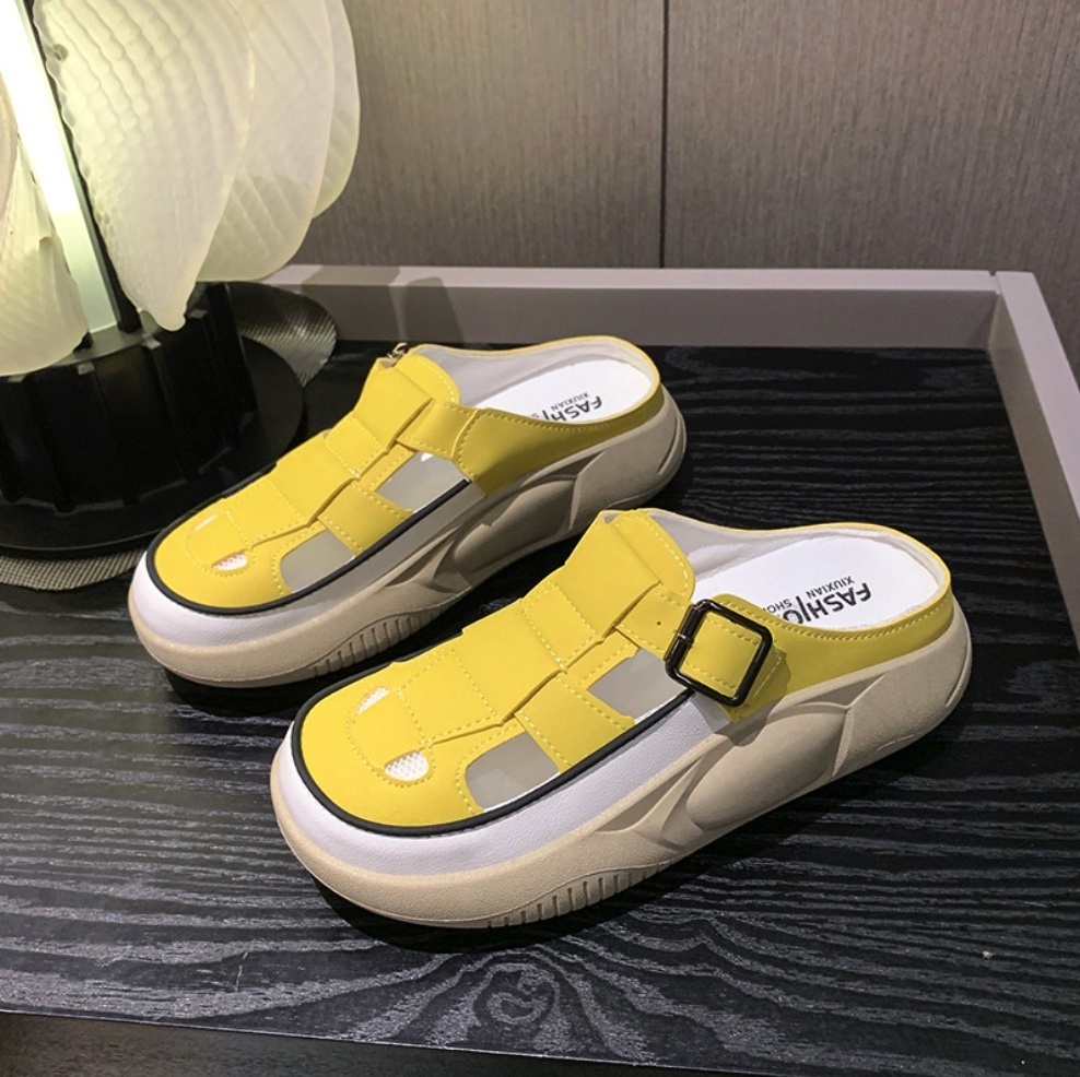 Hot selling soft leather thick-soled clogs for women (yellow - size: 35-40) (contact customer service after placing the order to confirm the delivery size)