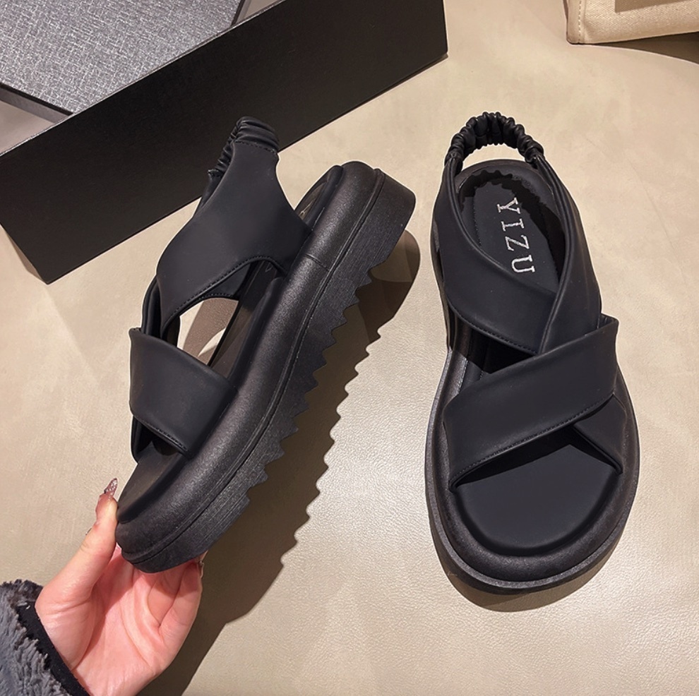 Hot selling soft leather fairy style cross sandals (black - size: 35-40) (contact customer service after placing the order to confirm the delivery size)