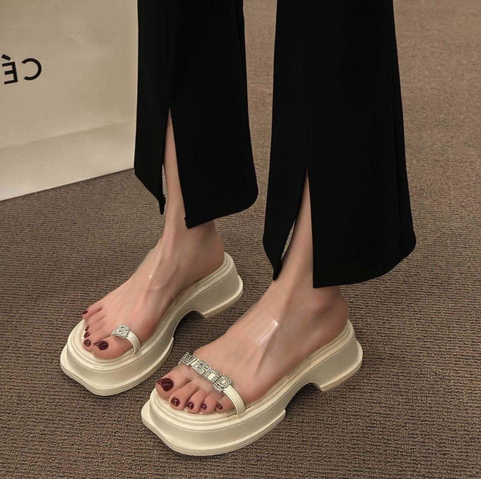 Hot selling thong toe sandals rhinestone fairy style slippers (beige - size: 35-40) (contact customer service after placing the order to confirm the delivery size)