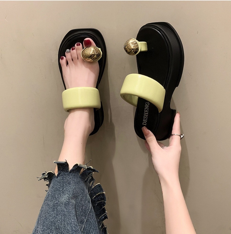 Hot selling retro thick-soled thong toe slippers (lemon yellow - size: 35-40) (contact customer service after placing the order to confirm the delivery size)