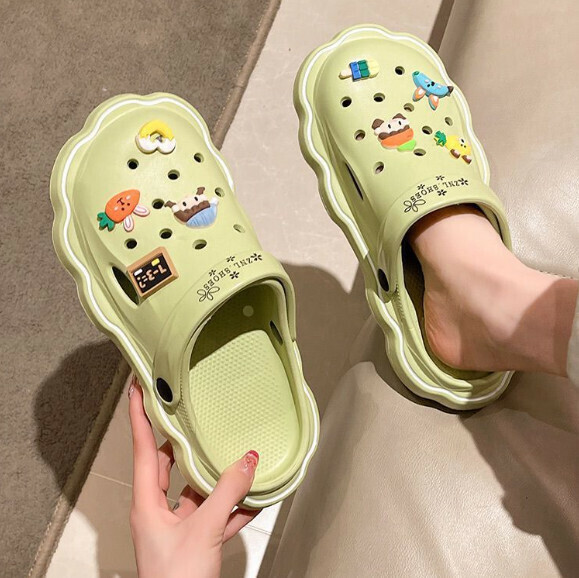 Hot Selling Croc Shoes Toe-Toe Sandals [Light Green-Cake Girl (Thick Sole 3.5CM)] (Size: 36-41) [Please contact customer service to confirm the delivery size after placing the order]