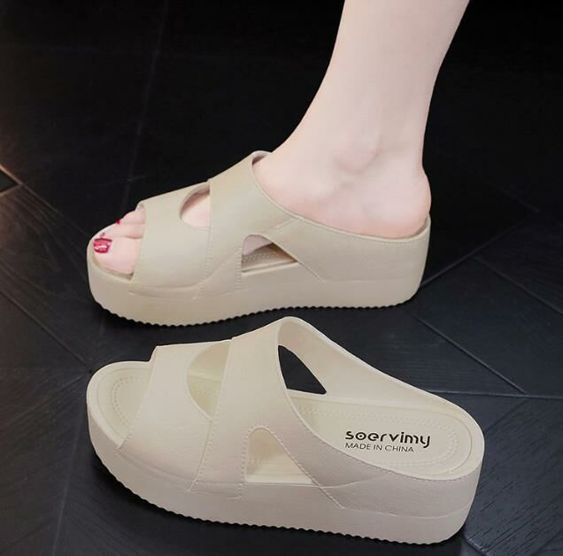 Hot selling (apricot size 35-40) high-heeled slippers, thick-soled wedge heels, platform sandals (contact customer service after placing the order to confirm the delivery size)