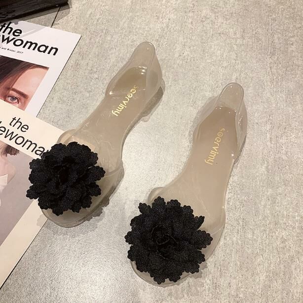 Hot Selling (Jelly Pink Black Flower Size 34-41) Jelly Sandals Jelly Shoes (contact customer service after placing the order to confirm delivery size)