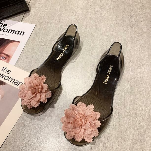 Hot Selling (Jelly Black Pink Flowers 34-41 Sizes) Jelly Sandals Jelly Shoes (contact customer service after placing the order to confirm delivery size)