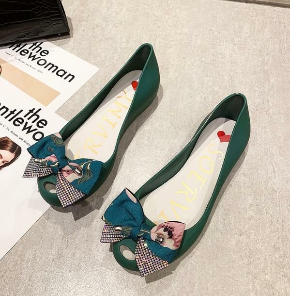 Hot sale (green base and green flowers, size 35-39) jelly shoes, fish mouth sandals (contact customer service after placing the order to confirm the delivery size)