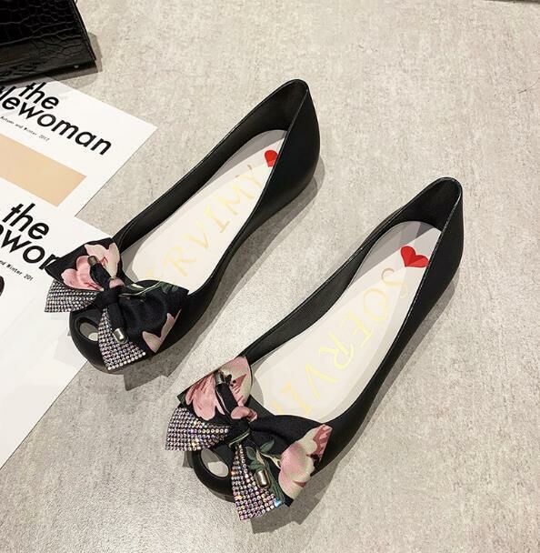 Hot Selling (Black Bottom, Black Flowers, Sizes 35-39) Jelly Shoes, Fish Mouth Sandals (contact customer service after placing the order to confirm delivery size)
