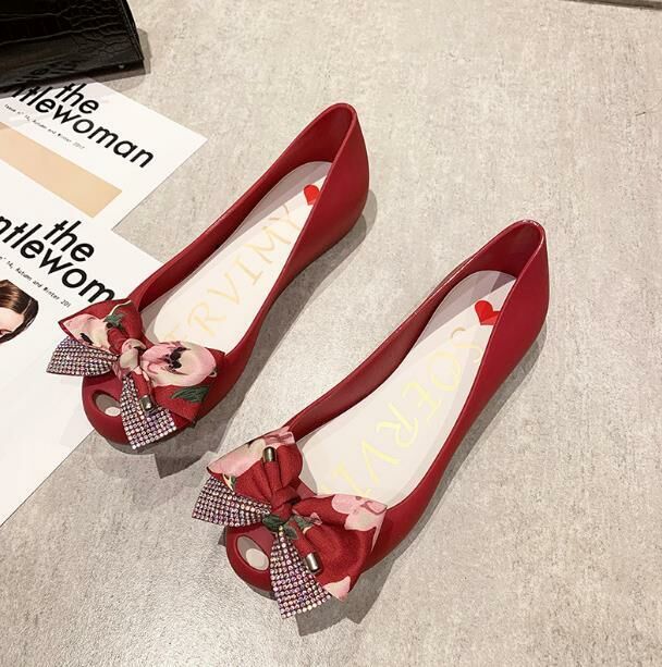 Hot sale (burgundy bottom with safflower, size 35-39) jelly shoes, fish mouth sandals (contact customer service after placing order to confirm delivery size)