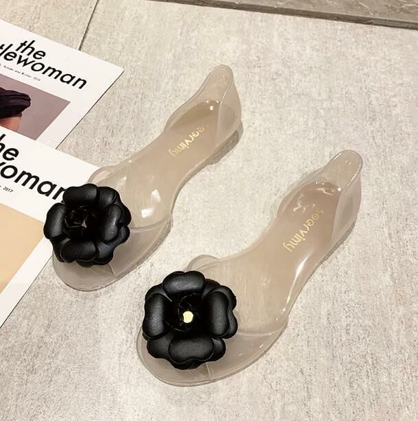 Hot Selling (Jelly Pink Black Flower Size 34-41) Jelly Shoes Sandals (contact customer service after placing the order to confirm delivery size)