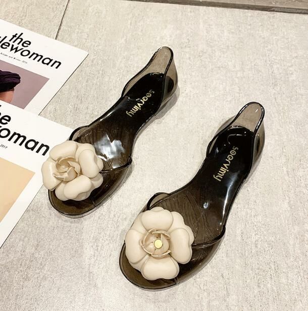 Hot Selling (Jelly Black and White Flowers 34-41 Sizes) Jelly Shoes Sandals (contact customer service after placing the order to confirm delivery size)
