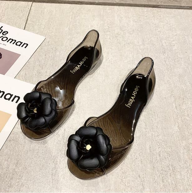 Hot Selling (Jelly Black Flower Size 34-41) Jelly Shoes Sandals (contact customer service after placing order to confirm delivery size)