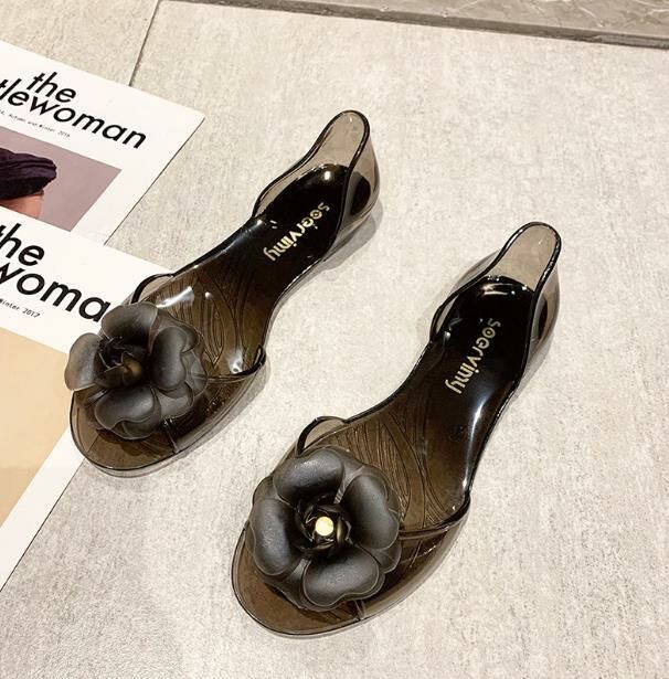 Hot sale (jelly black transparent black flower size 34-41) jelly shoes sandals (contact customer service after placing the order to confirm the delivery size)