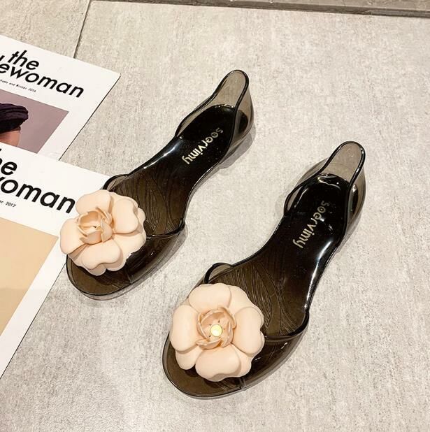 Hot Selling (Jelly Black Pink Flowers 34-41 Sizes) Jelly Shoes Sandals (contact customer service after placing the order to confirm the delivery size)