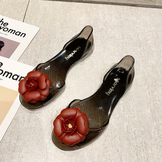 Hot Selling (Jelly Black Red Flower Size 34-41) Jelly Shoes Sandals (contact customer service after placing the order to confirm delivery size)