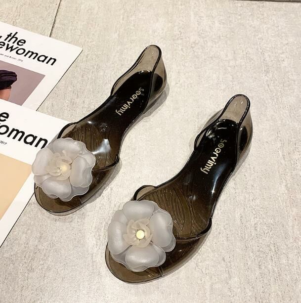 Hot Selling (Jelly Black Transparent Pink Flower Size 34-41) Jelly Shoes Sandals (contact customer service after placing the order to confirm the delivery size)