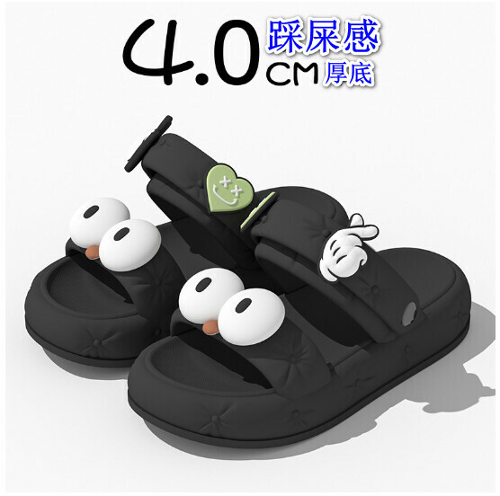Hot selling thick-soled double-strap sandals [black [big eyes] (size: 35-40) [please contact customer service to confirm the delivery size after placing the order]