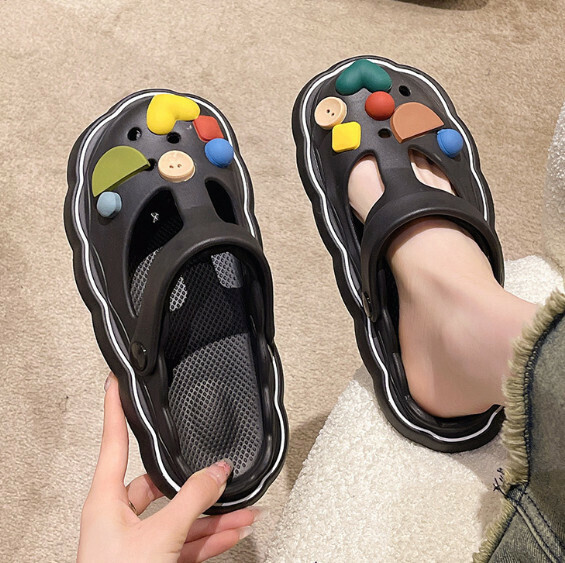 Hot selling thick-soled sandals and clogs [Baotou Pebble Sandals - Black] (Size: 36-41) [Please contact customer service to confirm the delivery size after placing the order]